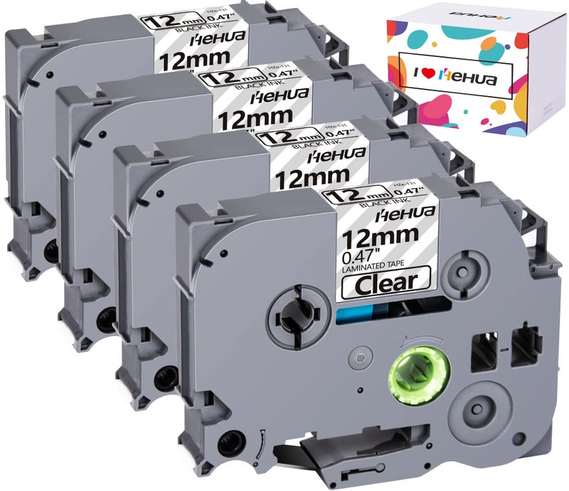 hehua 4 Pack Hehua Compatible 1/2"" (0.47"") Laminated Black on Clear Tape Replace for Brother P-Touch Label Maker TZe-131 TZe131 TZ131 TZ-131 TZe TZ Tape 12mm  Water Resistant  26.2ft Each - Image 1